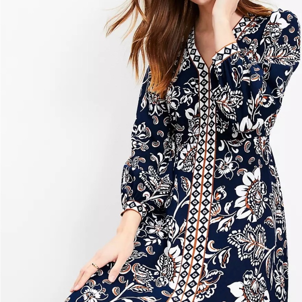 Loft Border Floral V-Neck Midi Dress
